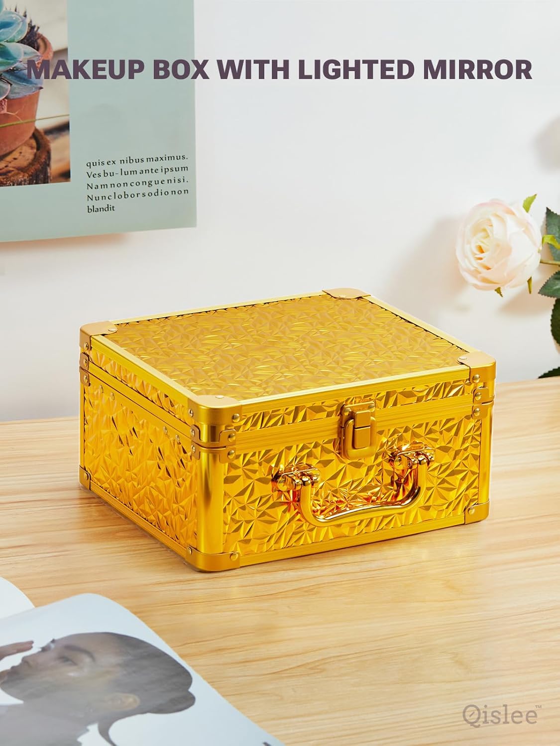 Qislee Makeup Box with A Detachable Lighted Mirror, Waterproof Travel Train Case, Cosmetic Organizer Bag and Makeup Suitcase with Adjustable Dividers, Magnetic LED Mirror (Bling Gold)