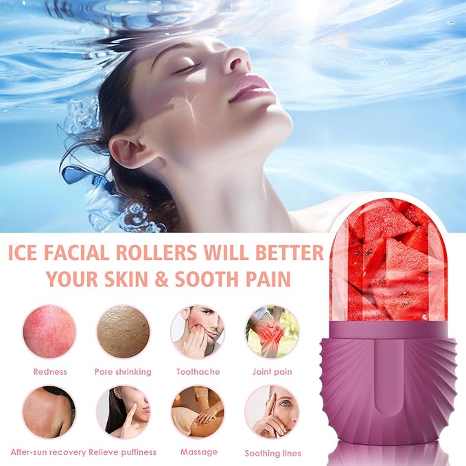Ice Face Roller, Silicone Facial Ice Roller, Reusable Skin Care Massager Tools for Relieve Puffiness, Tighten Skin, Shrink Pores Shell Rose Red