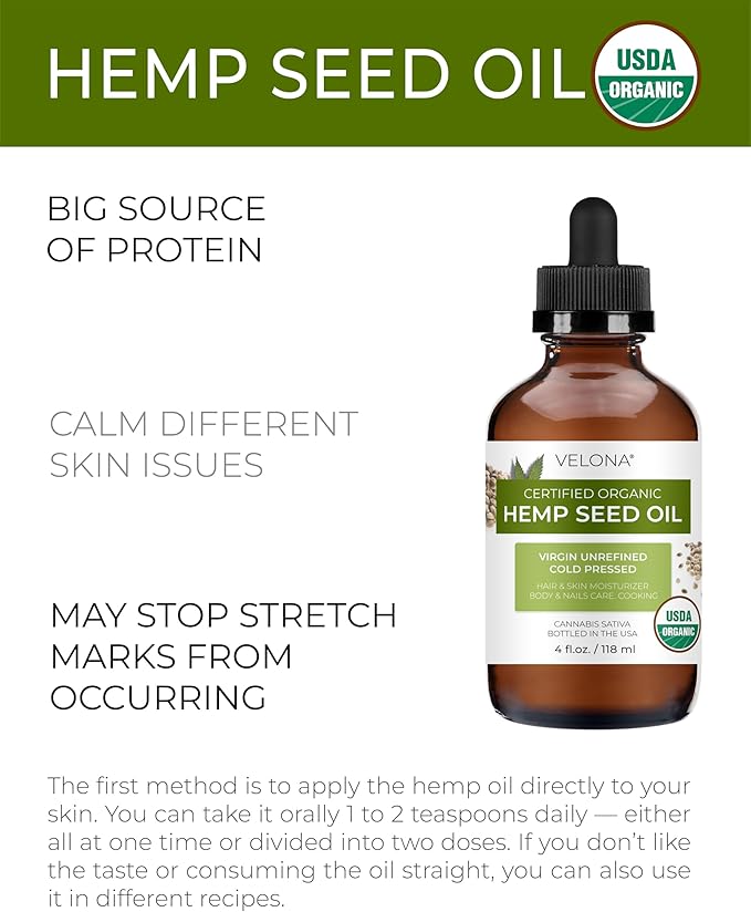 velona Hemp Seed Oil USDA Certified Organic - 4 Fl Oz | 100% Pure and Natural Carrier Oil | Unrefined, Cold Pressed | Hair, Body, Face & Skin Care