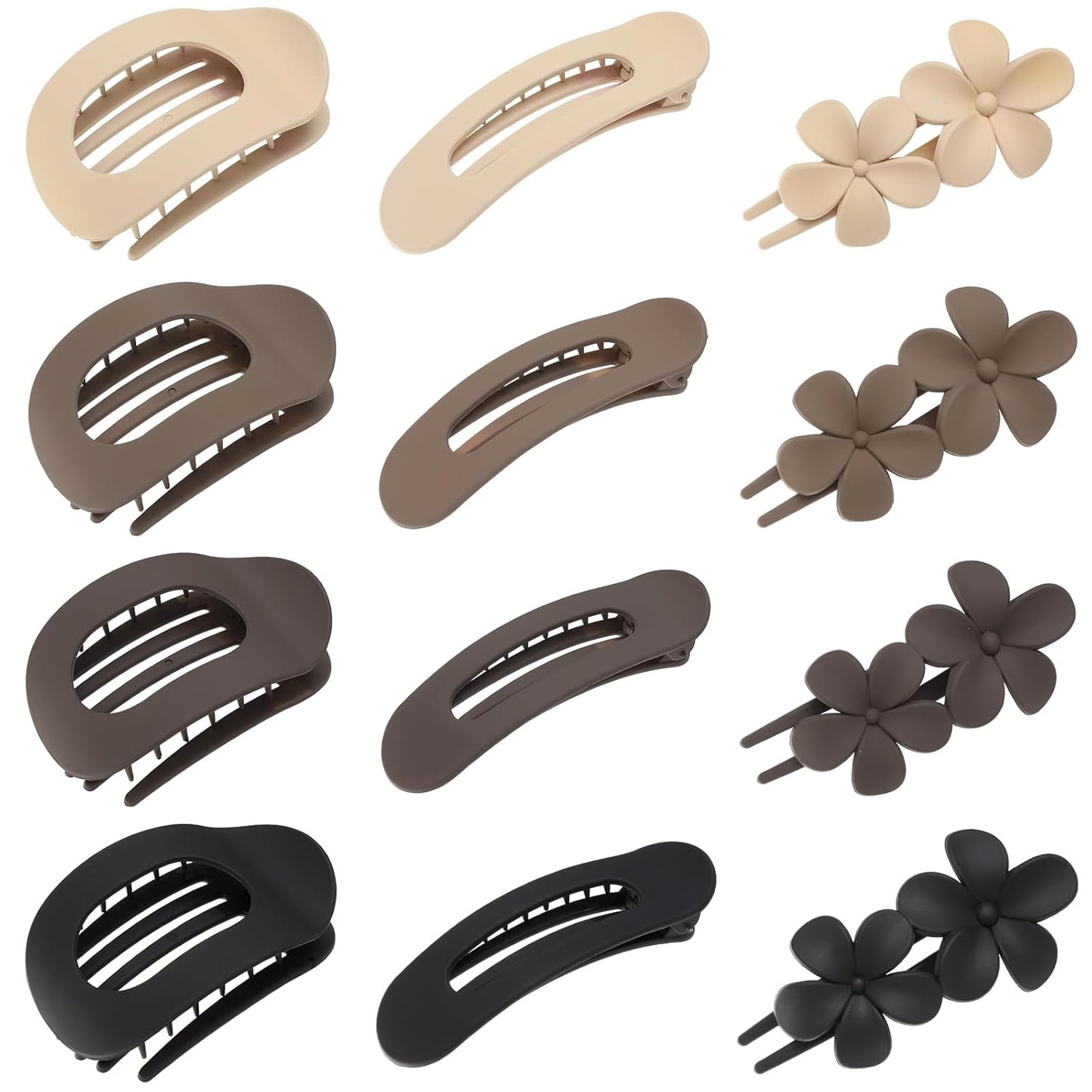 12 Pcs Flat Hair Clips for Women, 3 Styles Matte Flower Hair Clips and Flat Clips, Big and Small Neutral Colors Non-slip Flat Claw Clips Thin Thick Curly Straight Hair Accessories