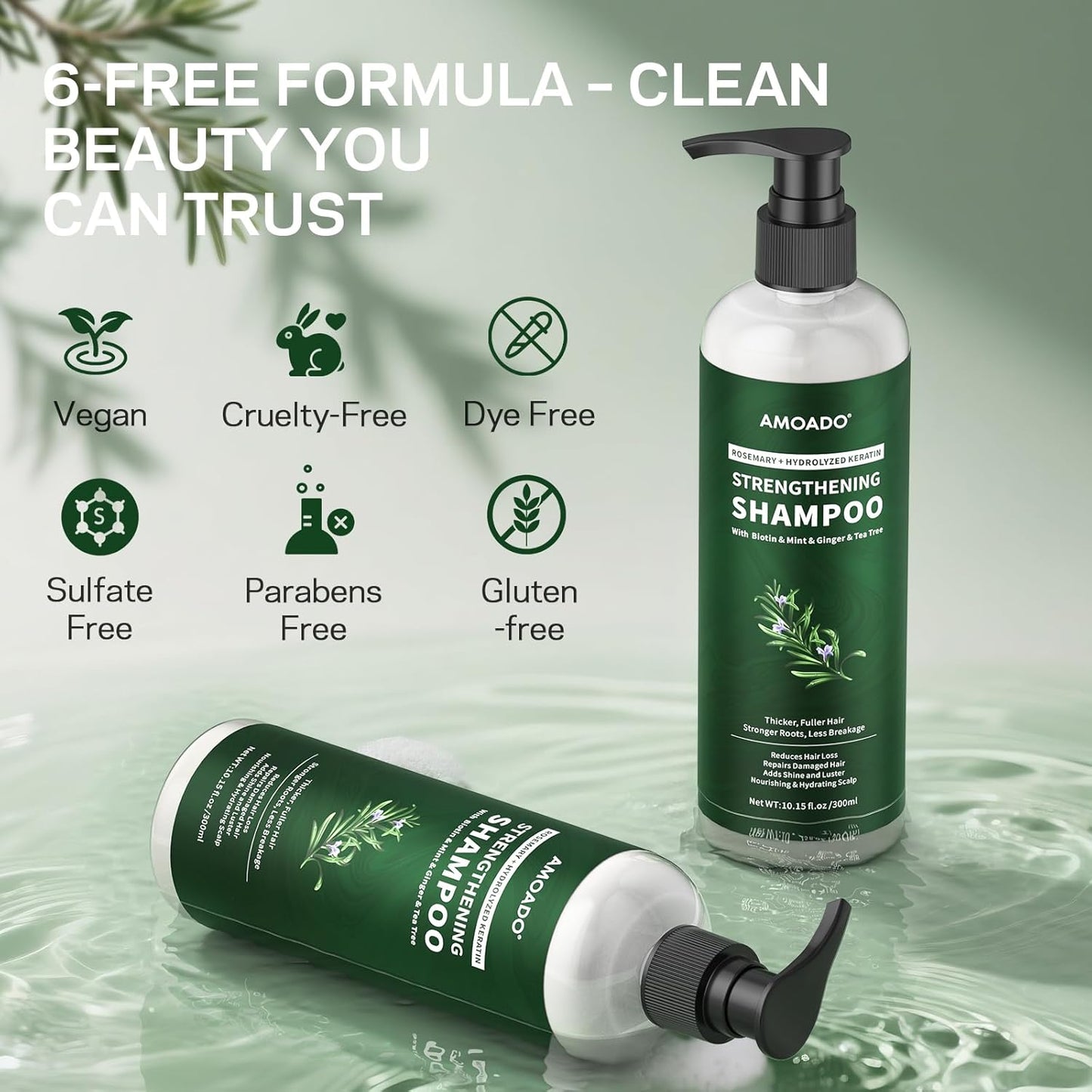 Rosemary & Hydrolyzed Keratin Hair Growth Shampoo, Organic Natural Shampoo for Thinning hair & Hair Loss with Biotin Mint Ginger Tea Tree, Paraben and Sulfate Free 10.15 fl. oz