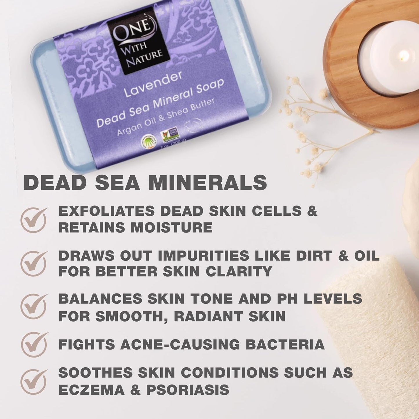 One With Nature Dead Sea Salt Lavender Soap 4oz 3-Pack – Soothing and Exfoliating Soap Bar with Dead Sea Minerals for Face & Body, for Men & Women