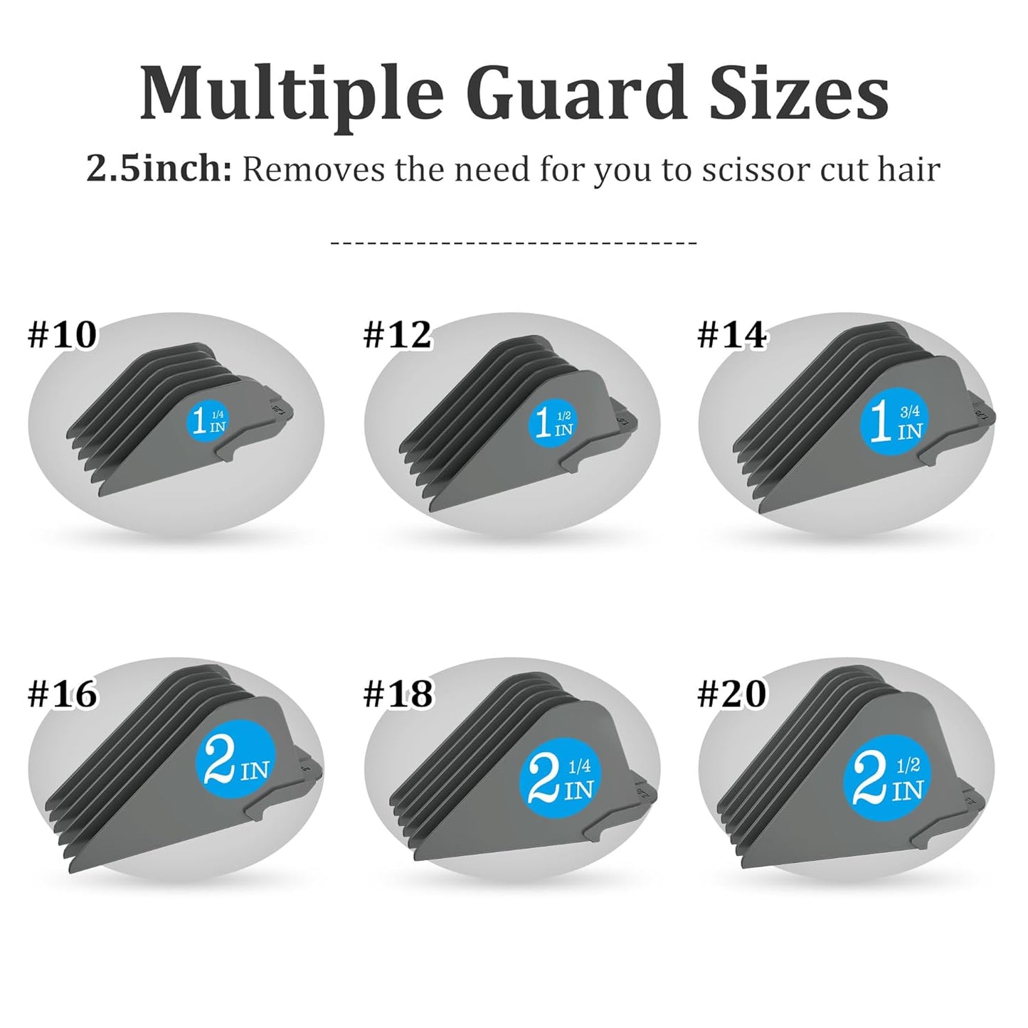 Clipper Guards for Wahl 10 12 14 16 18 20 Hair Clipper Guards 6pcs Extra Long Clipper Guard Attachments 2.5 Inch Clipper Guides Multiple Sizes Universal 2.5", 2.25", 2", 1.75", 1.5", 1.25" (Dark Gray)