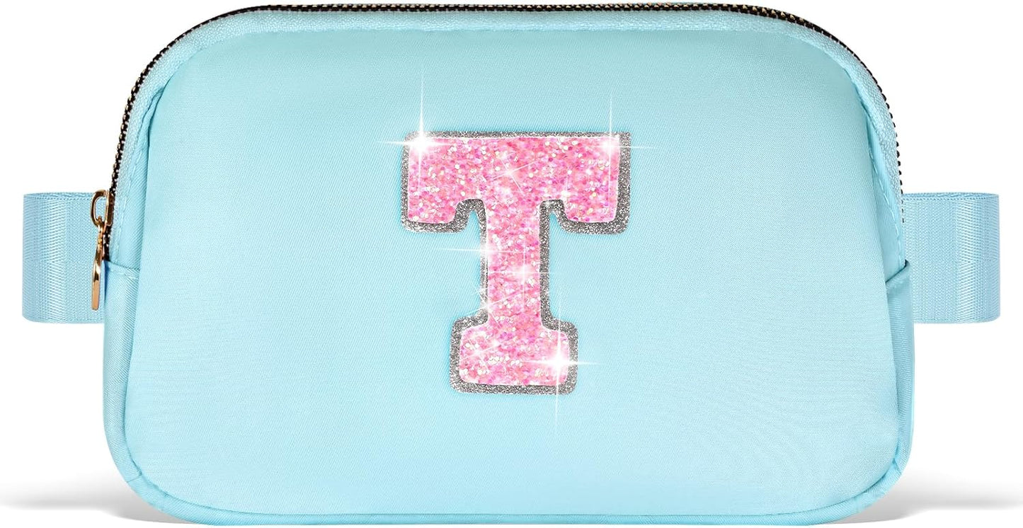 Fanny Pack Belt Bag Crossbody Bags with Initials Letter Patch Trendy Stuff for Teens Cute Stuff Birthday Gifts for Teenager Girls | T,Blue Bag