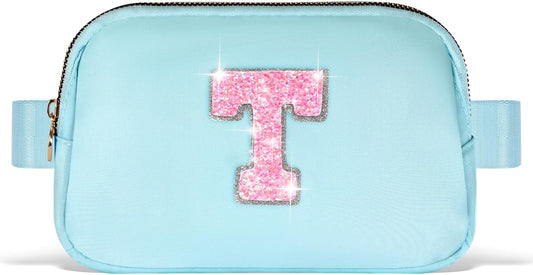 Fanny Pack Belt Bag Crossbody Bags with Initials Letter Patch Trendy Stuff for Teens Cute Stuff Birthday Gifts for Teenager Girls | T,Blue Bag