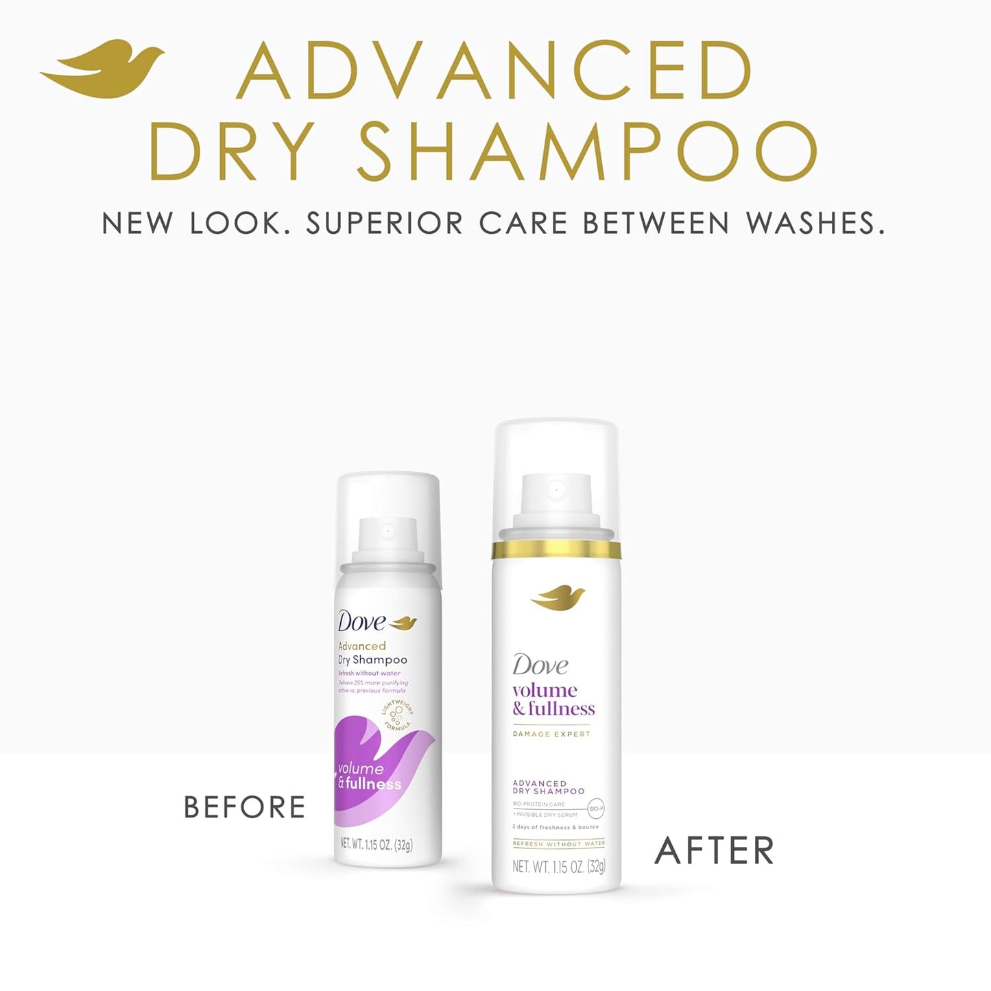 Dove Advanced Dry Shampoo Volume & Fullness Refresh & Revive Flat Hair Without Water for 2 Days of Freshness & Bounce 1.15 oz