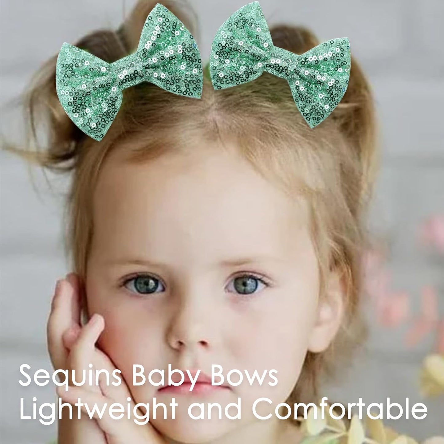 KISZU 4 Inch Sequin Glitter Hair Bows Clips, Sparkling Bling Little Bow HairPins Hair Accessories for Baby Girls Kids Children Teens and Women (Green)