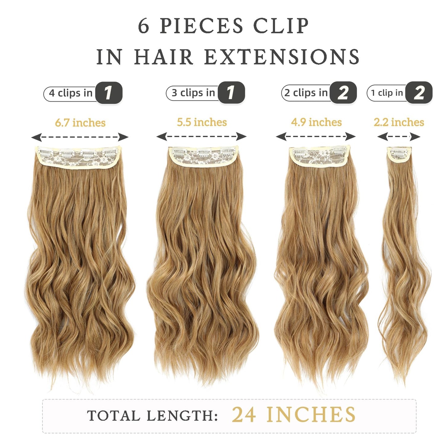 Clip in Hair Extensions, 6 PCS Natural & Soft Hair & Blends Well Hair Extensions, Lonng Wavy Hairpieces(24inch, 6pcs,Golden Blonde)
