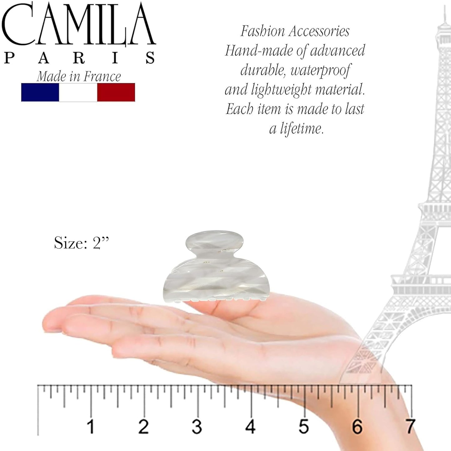 Camila Paris CP3071 French Hair Clip for Women, Handmade, White, Small, Girls Hair Claw Clips Jaw, Durable Styling Hair Accessories for Women, Strong Hold No Slip Grip, Made in France