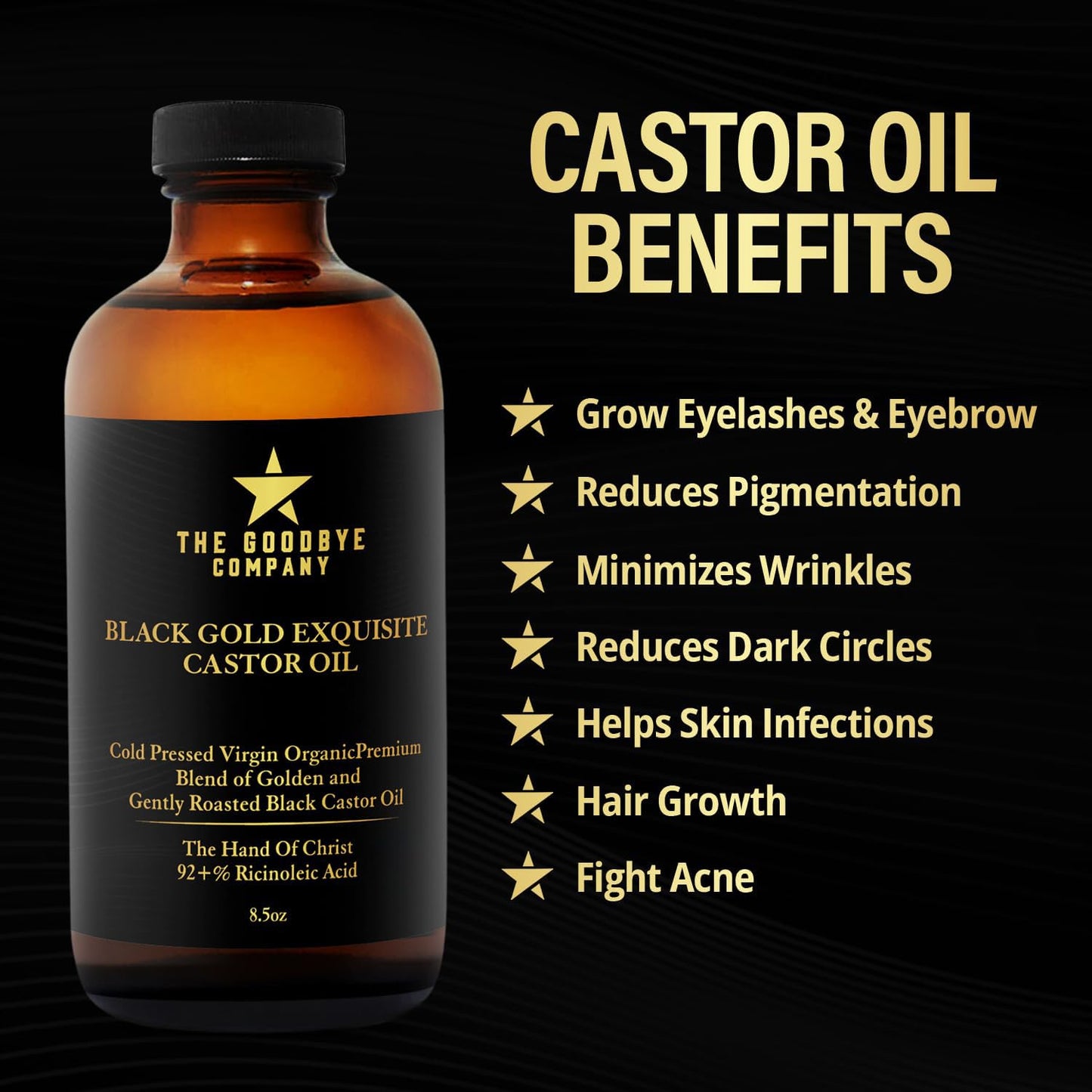 The Goodbye Company Black & Gold Castor Oil Blend – Cold-Pressed & Unrefined – Pure Hexane-Free Oil for Hair, Skin, Body, Eyelashes & Eyebrows