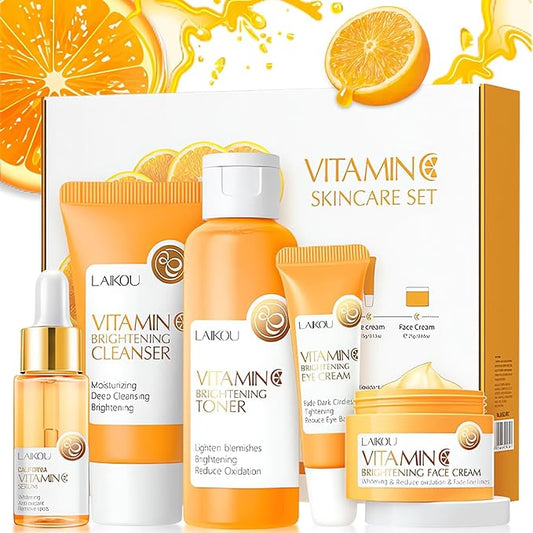 Vitamin C Skincare Set for Teenage Girls, 5-In-1 Skin Cleaning & Care Travel Size Kit With Cleanser, Toner, Face Serum, Eye Cream, Face Cream