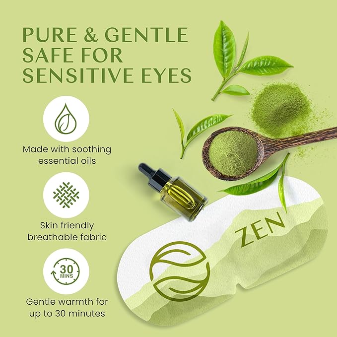 Body Restore Self Heated Steam Eye Mask 5 Pack - Easter Basket Stuffers, Relaxation Gifts for Her and Him, Best Friend, Stye Eye Treatment, Disposable Heating Pad, Travel Essentials - Green Tea