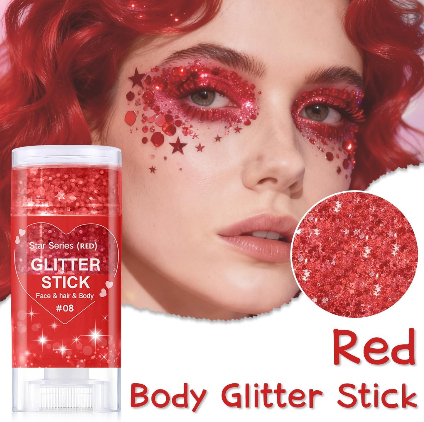 Red Body Glitter Stick, Halloween Face Glitter Makeup,Holographic Hair Glitters Mermaid Makeup Rave Outfits for Women, Shimmer Face Paint Stick for Christmas (Red)