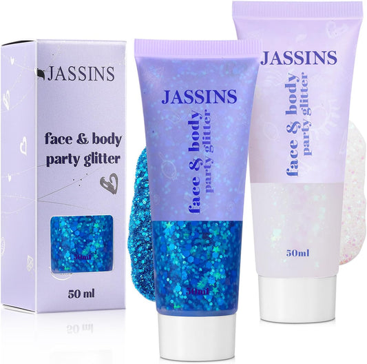 JASSINS 2PCS Body Glitter, 100ml Blue and White Face Glitter for Women Girls Kids, Glitter Gel Makeup Tween Gifts, Singer Concerts Festival Rave Accessories, Chunky Mermaid Sequins Glitter
