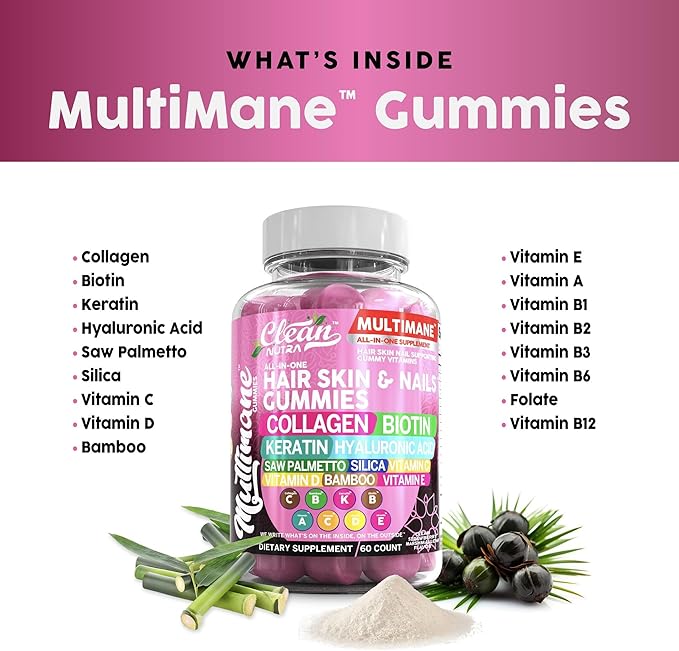 Clean Nutraceuticals Biotin Collagen Keratin Gummies | Hair Skin and Nails Vitamins for Women | Hyaluronic Acid Bamboo Vitamin A C D3 E Folate With Saw Palmetto Silica B3 B12 Vegan Gummy