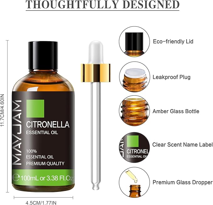Citronella Essential Oil, 3.38FL.OZ Pure Essential Oils with Glass Dropper, Large Volume Citronella Oil, Perfect for Massage, DIY Candle and Soap Making (100ML)