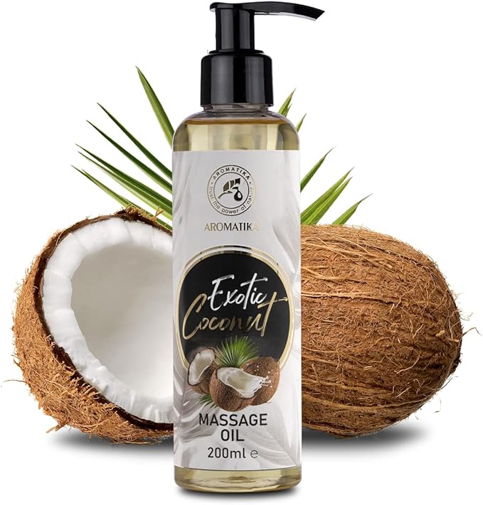 Massage Oil Coconut 6.8 Fl Oz (200ml) - Body Oil with Coconut - Jojoba - Almond - Grapeseed - Peach Kernel Oils - Aromatherapy Oil - Relax Oil - Good Sleep Oil - Calming Oil