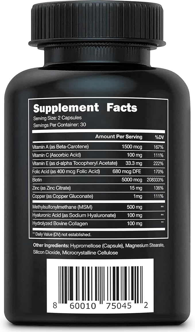 Vital Vitamins Biotin Complex Pills - with Hyaluronic Acid, MSM, Collagen, & Vitamin C - Supplement for Hair, Skin, & Nails - 60 Capsules