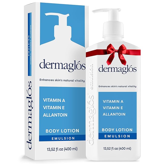 Dermaglos Moisturizing Body Lotion for Dry Skin with Extra Vitamin A, Vitamin E & Allantoin | Hydrating Emulsion & Regenerating formula for Stretch Marks, Tattoos, Scars & Wrinkles | 13.52 Fl Oz