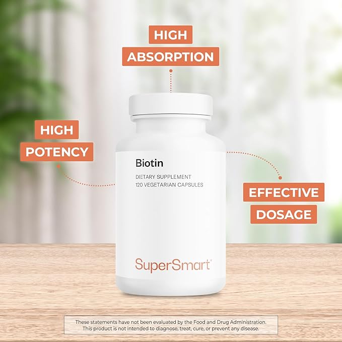 Supersmart - Biotin 10,000mcg / 10g per Day (High Potency) - Vitamin B7 Biotin Supplement - Healthy Hair, Skin & Nails | Non-GMO & Gluten Free - 120 Vegetarian Capsules