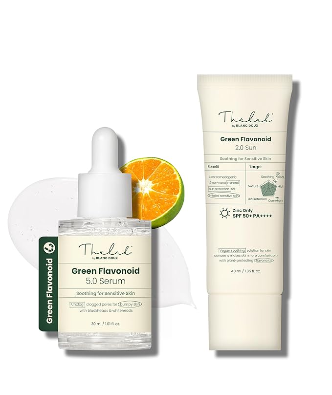 THE LAB BY BLANC DOUX Green Flavonoid 5.0 Serum & 2.0 Sunscreen Soothing Hydrating Moisturizing Facial Treament SPF 50 for Sensitive Acne-Prone Skin Korean Beauty Skincare