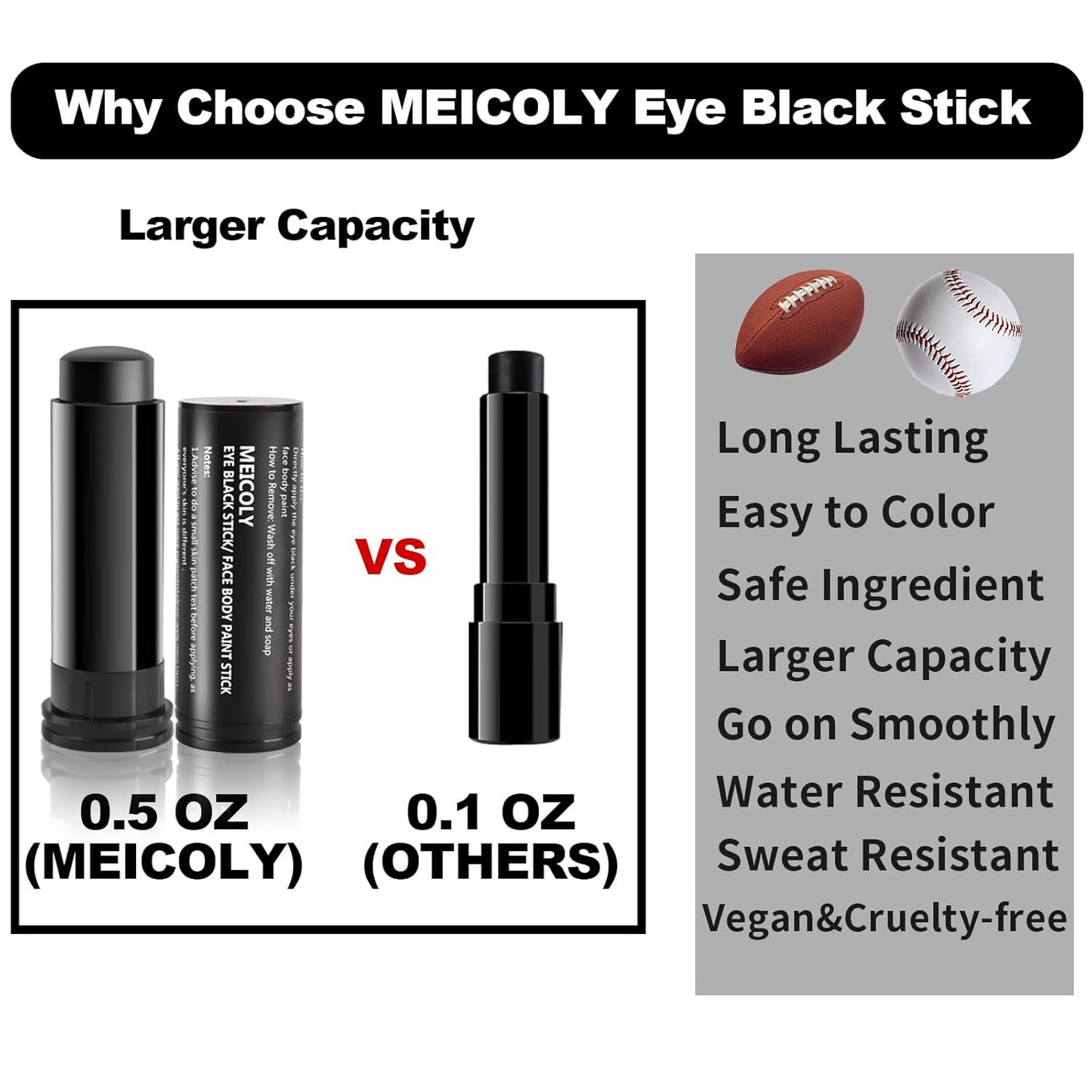 MEICOLY Black Face Paint,Eye Black Stick for Sports,Baseball Softball Football Lacrosse,Easy to Color Athletes Sporting,Smooth Halloween Face Body Paint Stick,0.5Oz