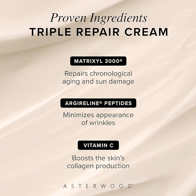 Asterwood Matrixyl 3000, Argireline Peptide, Vitamin C Cream - Triple Repair - with Hyaluronic Acid - Anti-Aging, Wrinkle Reducing, Hydrating - Fragrance-Free - 1.7 Fl Oz