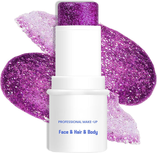Purple Body & Face Glitter Makeup Stick, Multiuse Waterproof Glitter Gel for Face Body Hair Eye Lip, Holographic Sequins Paint Stick, Mermaid Accessories Makeup