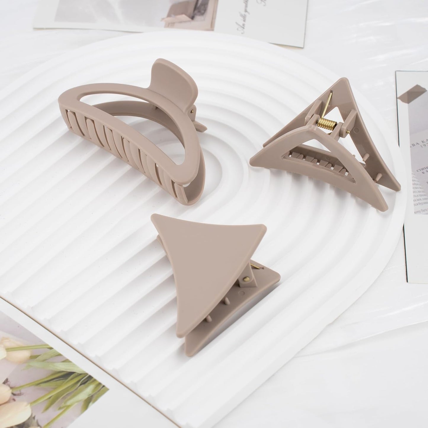 Neutral Tones Hair Accessories Set - 9 Medium Hair Clips (Arched & Triangle), 1 Hair Brush | Non-Slip Hair Clips for Thin Hair (Soft Pink, Beige, Brown)