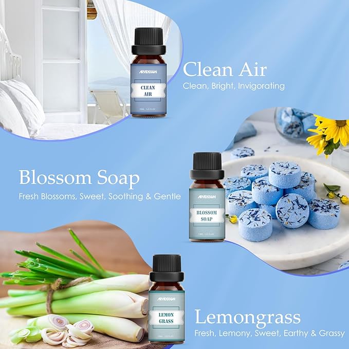 Clean Essential Oils Set, ARVIDSSON Natural Fragrance Oil for Diffuser, Soap Making - Clean Cotton, Fresh Linen, Lemongrass, Soft Powder, Blossom Soap