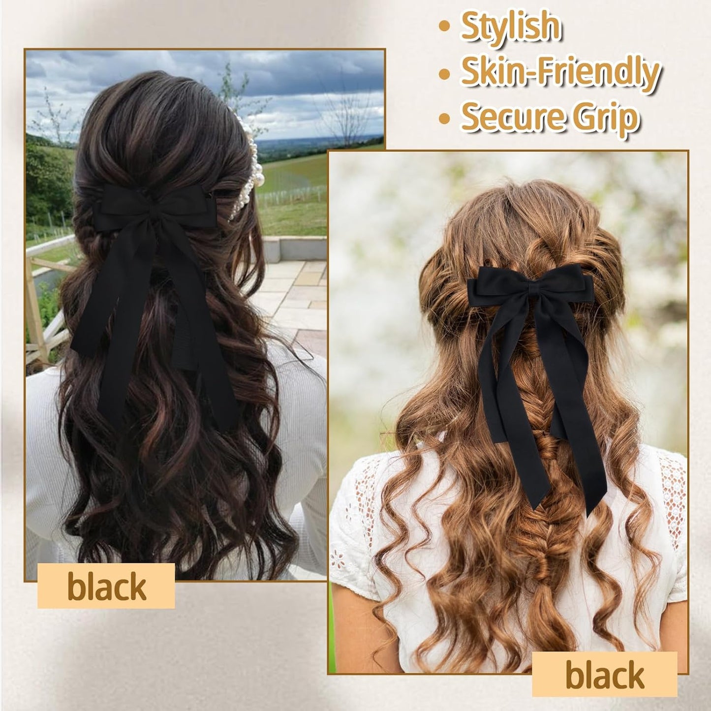 Bow Hair Clips 2PCS Set for Women and Girls - Black White Ribbon Bows for Hair, with Long Tail, Alligator Clip (Black)