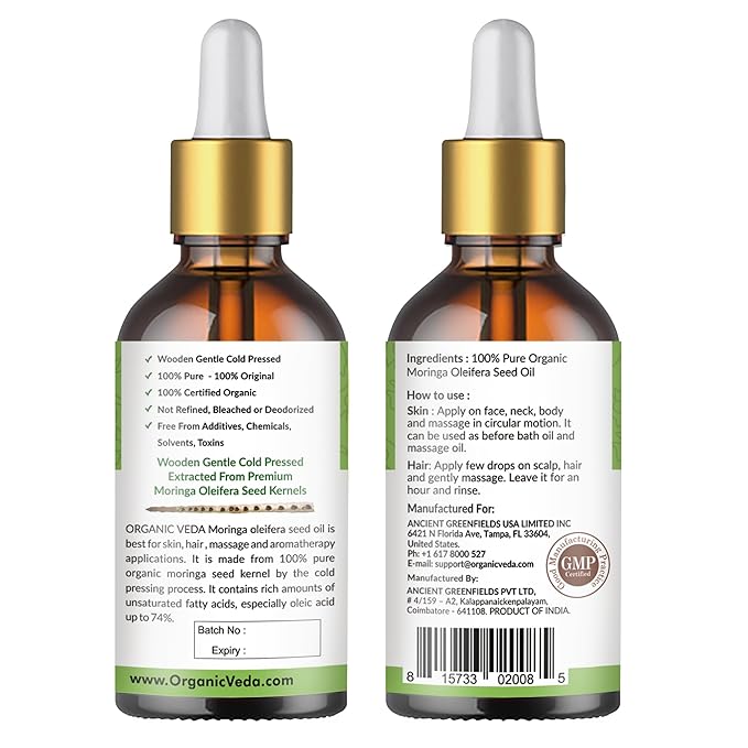 Organic Veda Moringa Oil - Pure Cold Pressed Organic Moringa Seed Oil - Natural Face Oil for Women, Moisturizing Hair Oil - Virgin Moringa Oleifera Oil for Skin, Body, Scalp Care & Nails - 1.7 fl.oz.