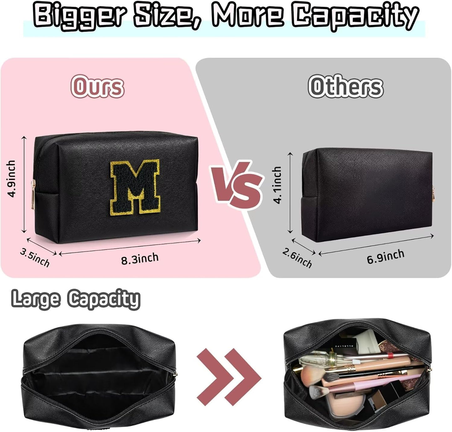 TOPEAST Initial Cosmetic Bag for Women, Preppy Small Makeup Bag, PU Leather Waterproof Toiletry Bag, Monogrammed Birthday Gifts for Women, Stuff for Girls (Black S)