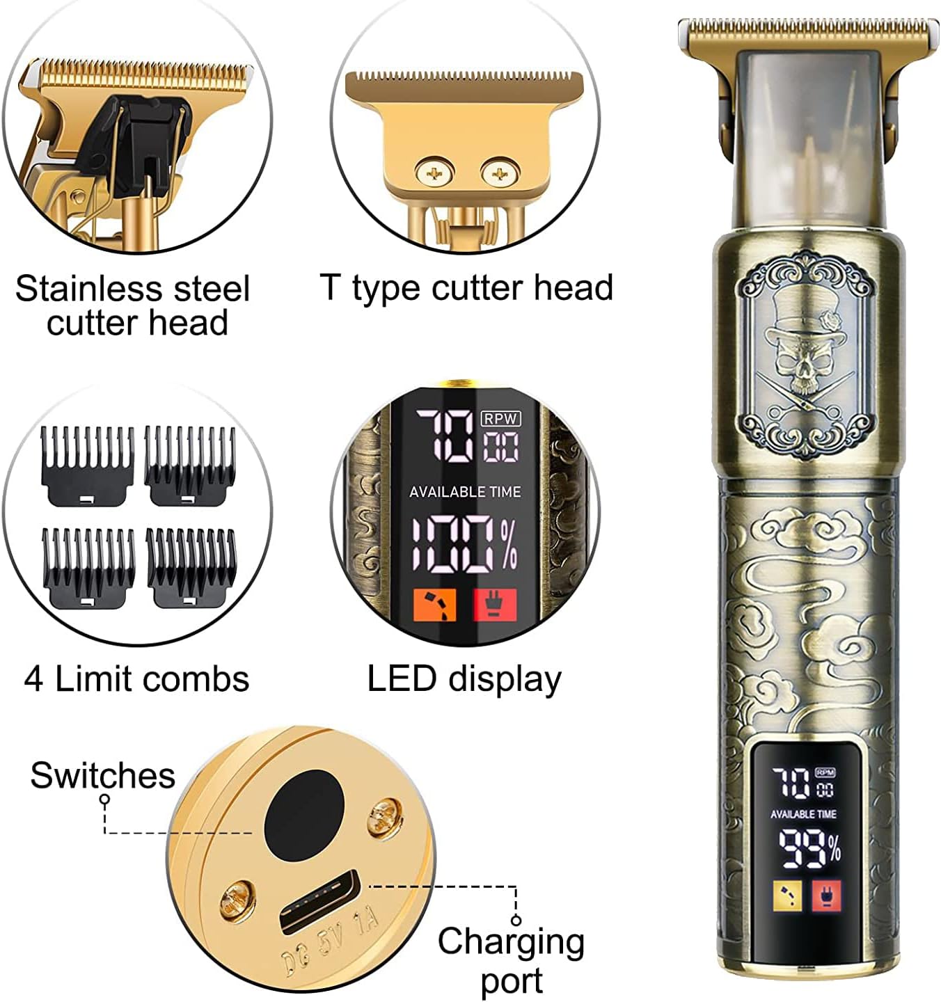 Hair Clippers for Men - Cordless T-Blade Trimmer - Professional Haircut & Grooming Kit - Rechargeable - LCD Display (Figure-01)