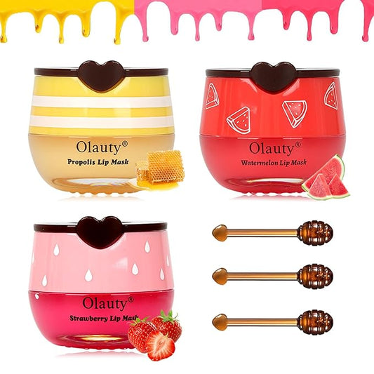 Bee Lip Balm Honey Pot,3 PCS Strawberry&Honey&Watermelon Lip Sleeping Mask,Hydrating Prevention Dry and Cracked Lip Scrubs Exfoliator Lip Care,Moisturizing Lip Mask Overnight Reduces Lip Lines