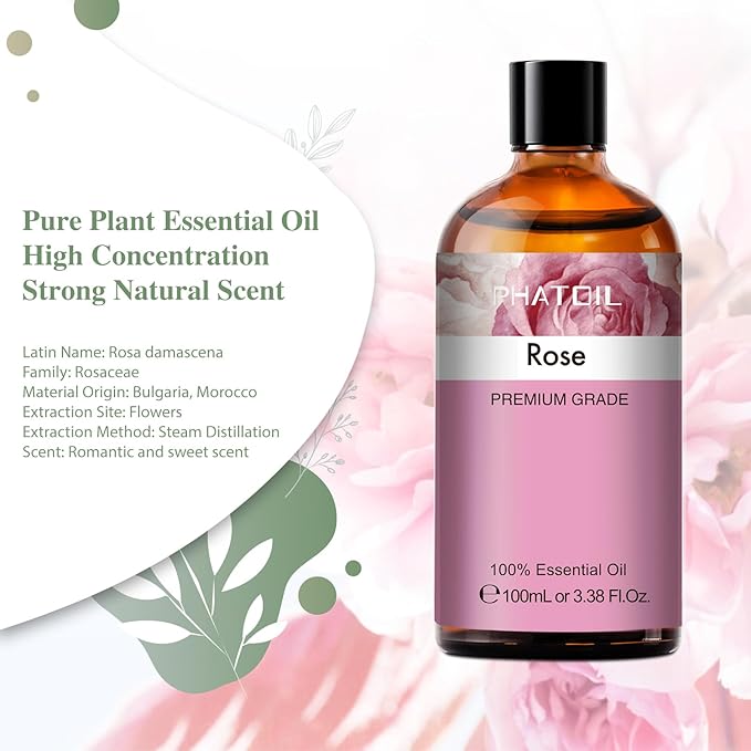 3.38FL.OZ Rose Essential Oil with Glass Dropper, for Aromatherapy Diffusers, Humidifiers, Great for DIY Candle and Soap Making, Huge 100ML Bottle