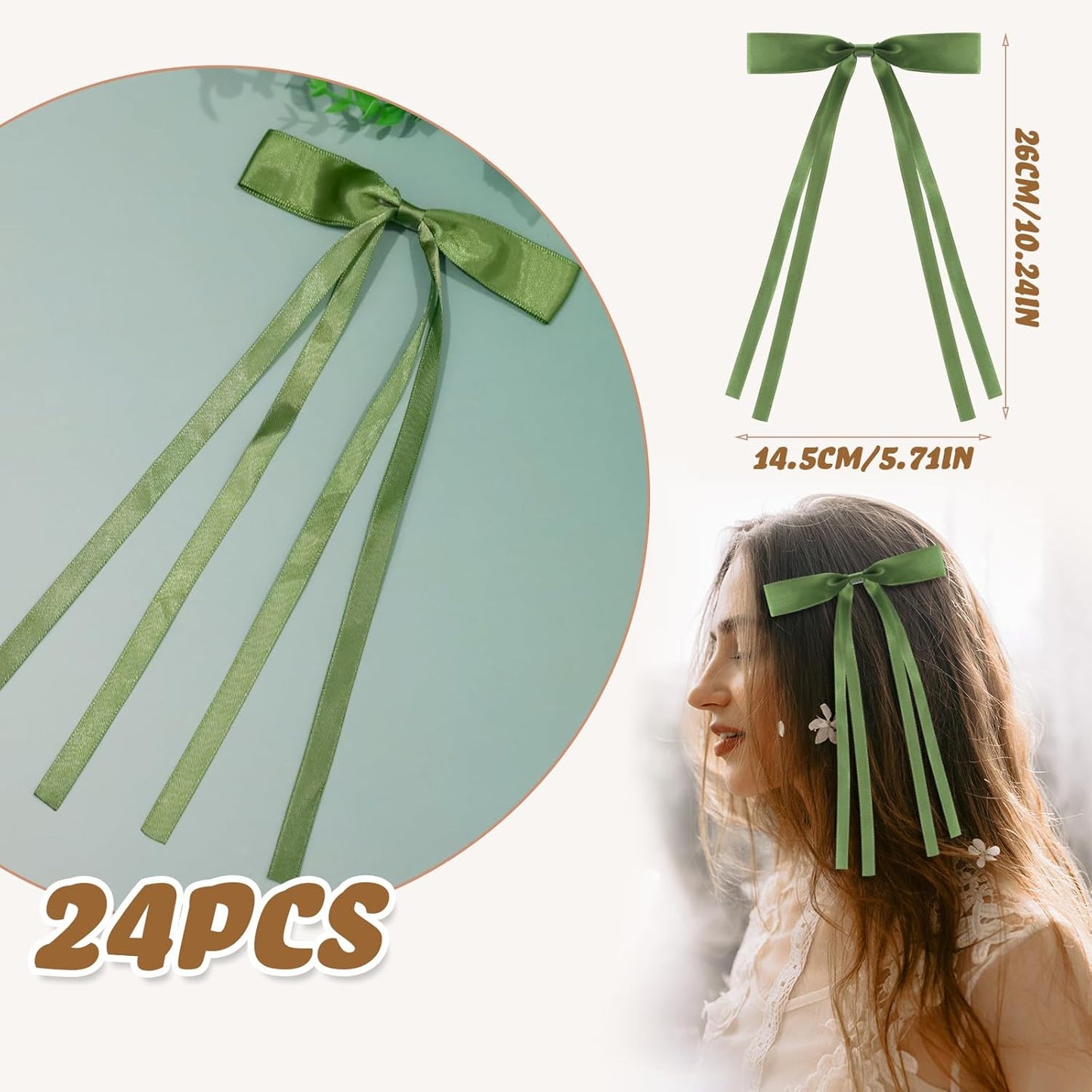 24 PCS Hair Bows Clips Ribbon,Mini Satin Hair Bows With Long Tail for Women and Girls Hairstyle Accessory Gift (Green)