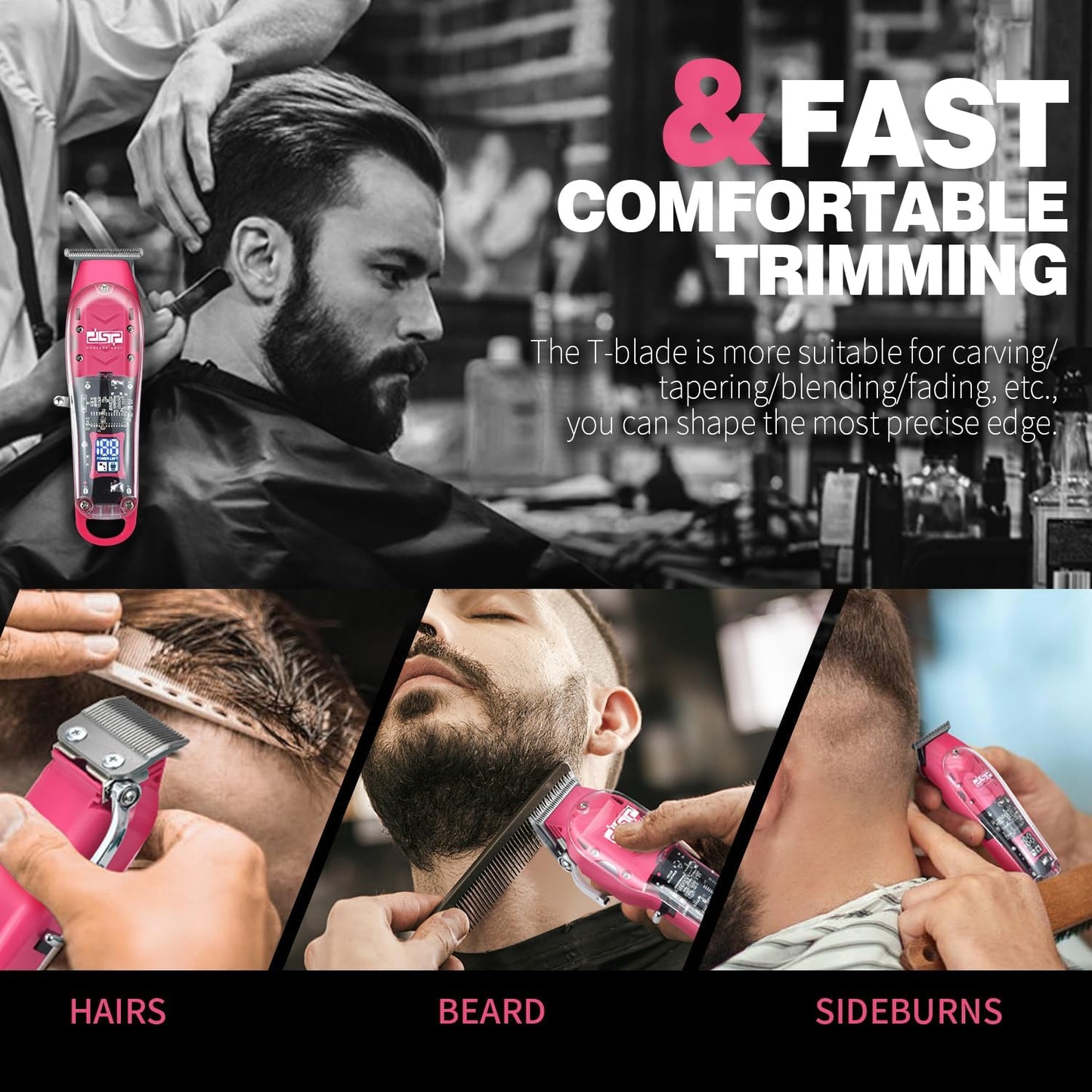 DSP Beard Trimmer: Cordless, Rechargeable, Zero Gap, Stainless Blades, 2.5H Charge, 120M Runtime, 3 Combs, Ideal for Men & Barber (Pink Trimmer)