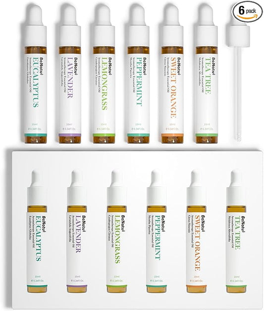 Essential Oils Set (Eucalyptus, Lavender, Lemongrass, Peppermint, Tea Tree, Orange) for Diffuser, Topical Skin, Body, Natural Home Fragrance Gift for Women & Men