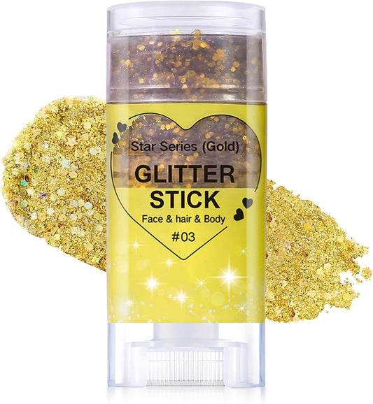 Gold Body Glitter Stick, Halloween Face Glitter Makeup,Holographic Hair Glitters Mermaid Makeup Rave Outfits for Women, Shimmer Face Paint Stick for Christmas (Gold)