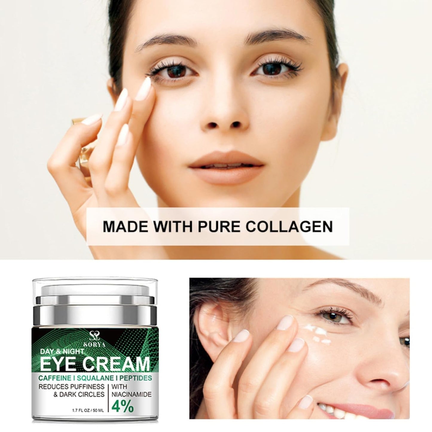 SORYA Caffeine Eye Cream Dark Circles Puffiness, Wrinkles Fine Lines, Under-Eye Bags Anti-Aging Collagen Revitalize Your Look with Our Advanced Formula for a Youthful Glow