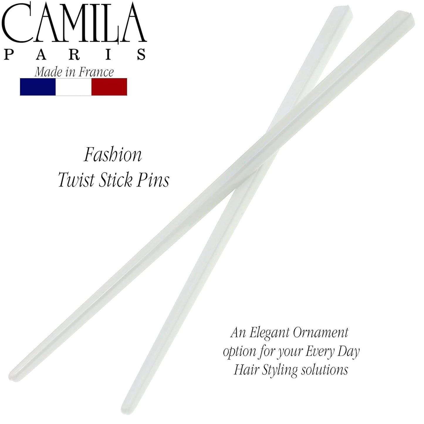 Camila Paris CP3177 French Twist Stick Hair Pin, Set of 2 White, Girls Chopsticks Hair Pins for Girls Spiral Updo Chignon Bun Holder, Styling Hair Accessories for Women, Made in France
