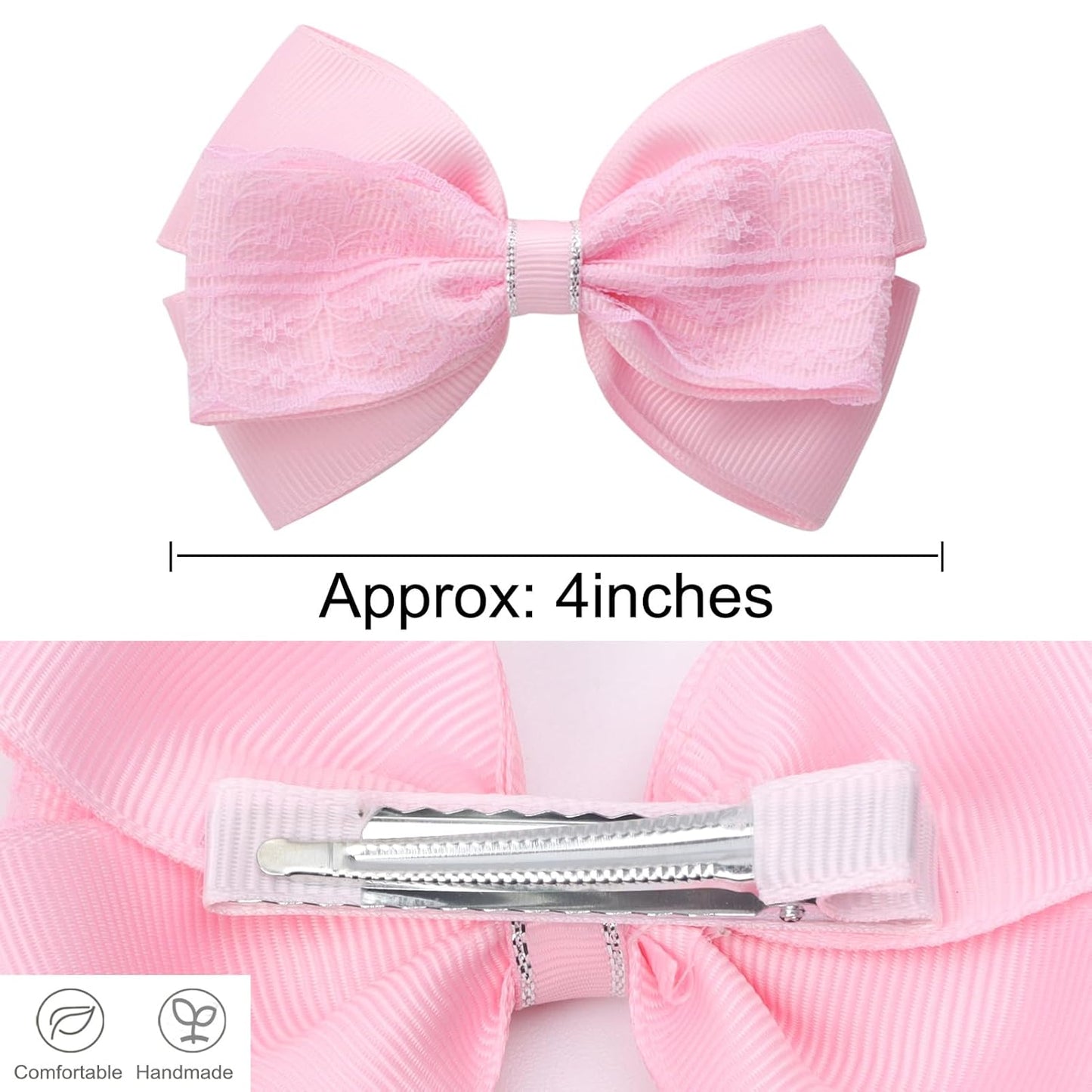 4-Inch Hair Bows Alligator Clips Delicate Lace Hair Accessories for Girls, Toddler, Kids and Women Daily Dress Up Birthday Wedding Christmas Occasions- Set of 2 (Pink)