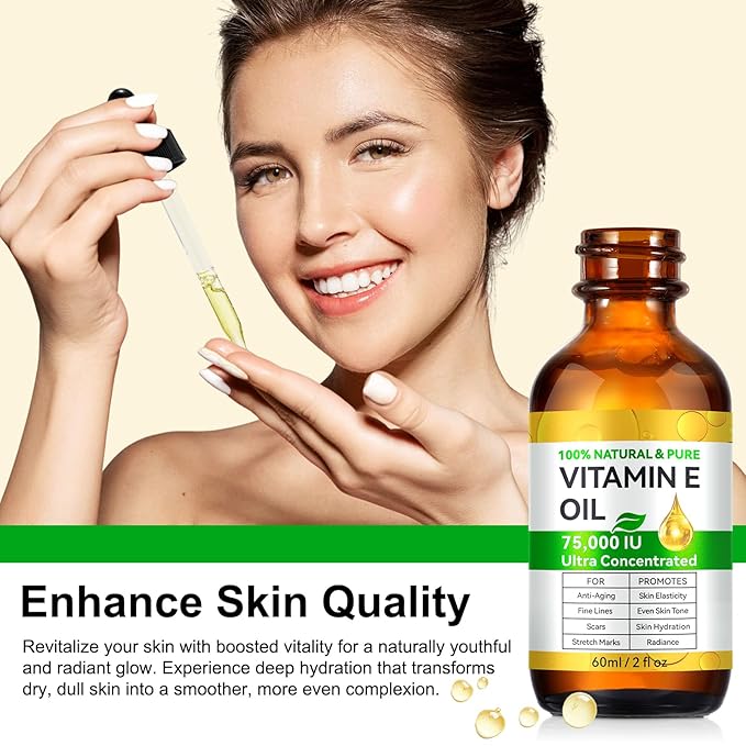 Vitamin E Oil for Skin, Hair & Face -75000 IU, Natural, Pure & Organic Vitamin E Drop Liquid for Scars, Nails, Scalp, Bath & Body Oil, Moisturizing Dry Skin, 2Oz