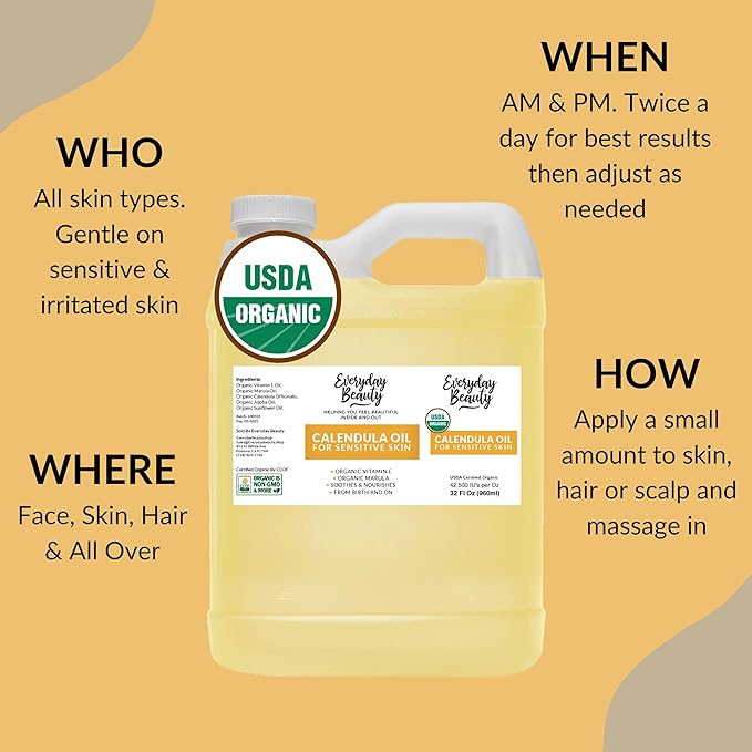 Organic Calendula Oil For Sensitive Skin -Bulk 32 Fl Oz- USDA Organic Certified 100% All Natural Plant Based, Lightweight & Unscented Gentle Soothing Oil For Sensitive Skin - For Face, Skin & All Over