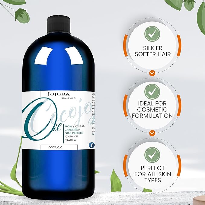 cocojojo Jojoba Oil Organic, Jojoba Oil for Hair Growth, Jojoba Oil for Skin, Jojoba Oil for Face, 100% Pure Natural, Cold Pressed, Deep Moisturizing Anti-Aging, Essential Oils - 32 Fl Oz