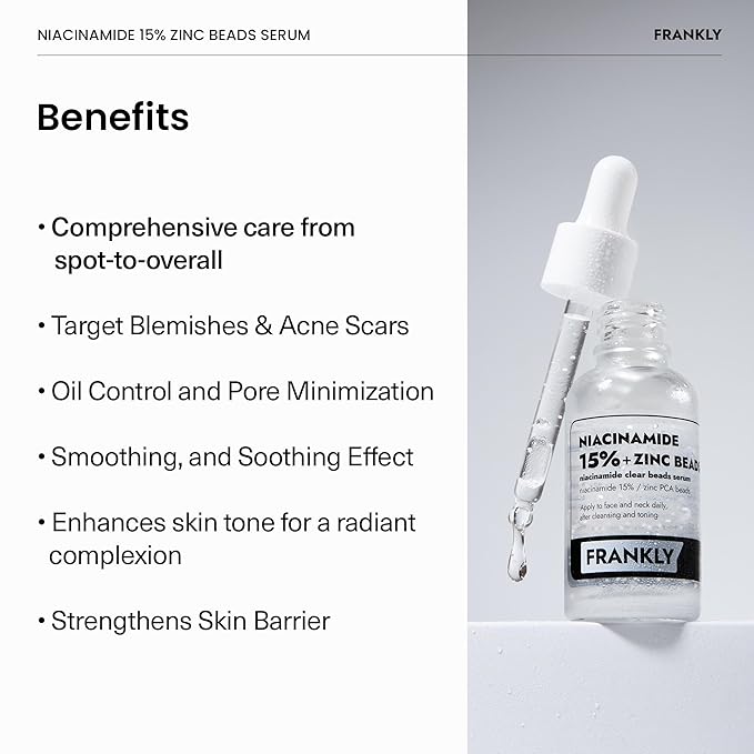 FRANKLY Niacinamide 15% & Zinc Beads Serum: Acne & Dark Spots Care, Oil Control, Even Skin Texture & Glow | Vegan & Cruelty-Free | Non-Comedogenic All skin types Korean Skincare | 1.01 fl.oz