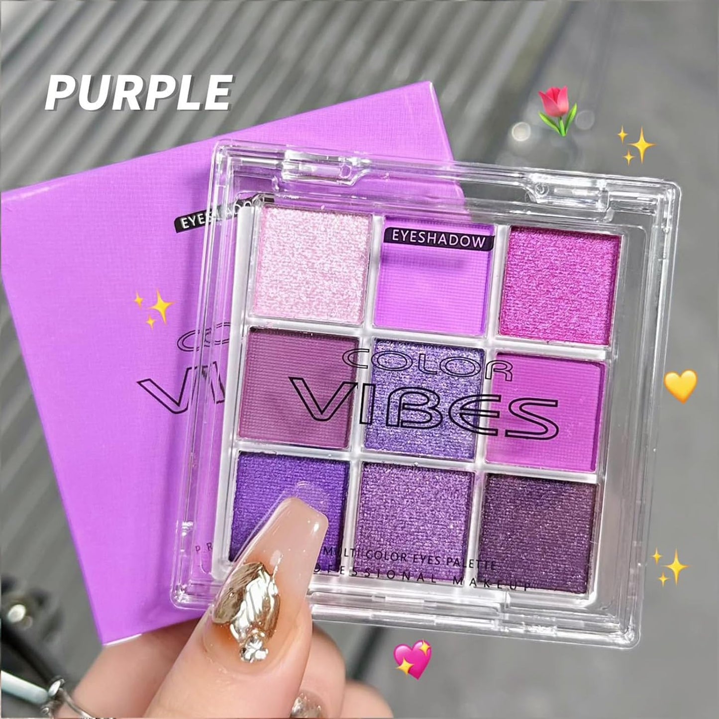 Erinde 9 Colors Purple Pink Lavender Glitter Shimmer Matte Eye Shadow Palette Makeup, Highly Pigmented Waterproof Violet Mauve Dark Purple Silver Pearl White Shimmer Sparkling Party Eyeshadow Palette