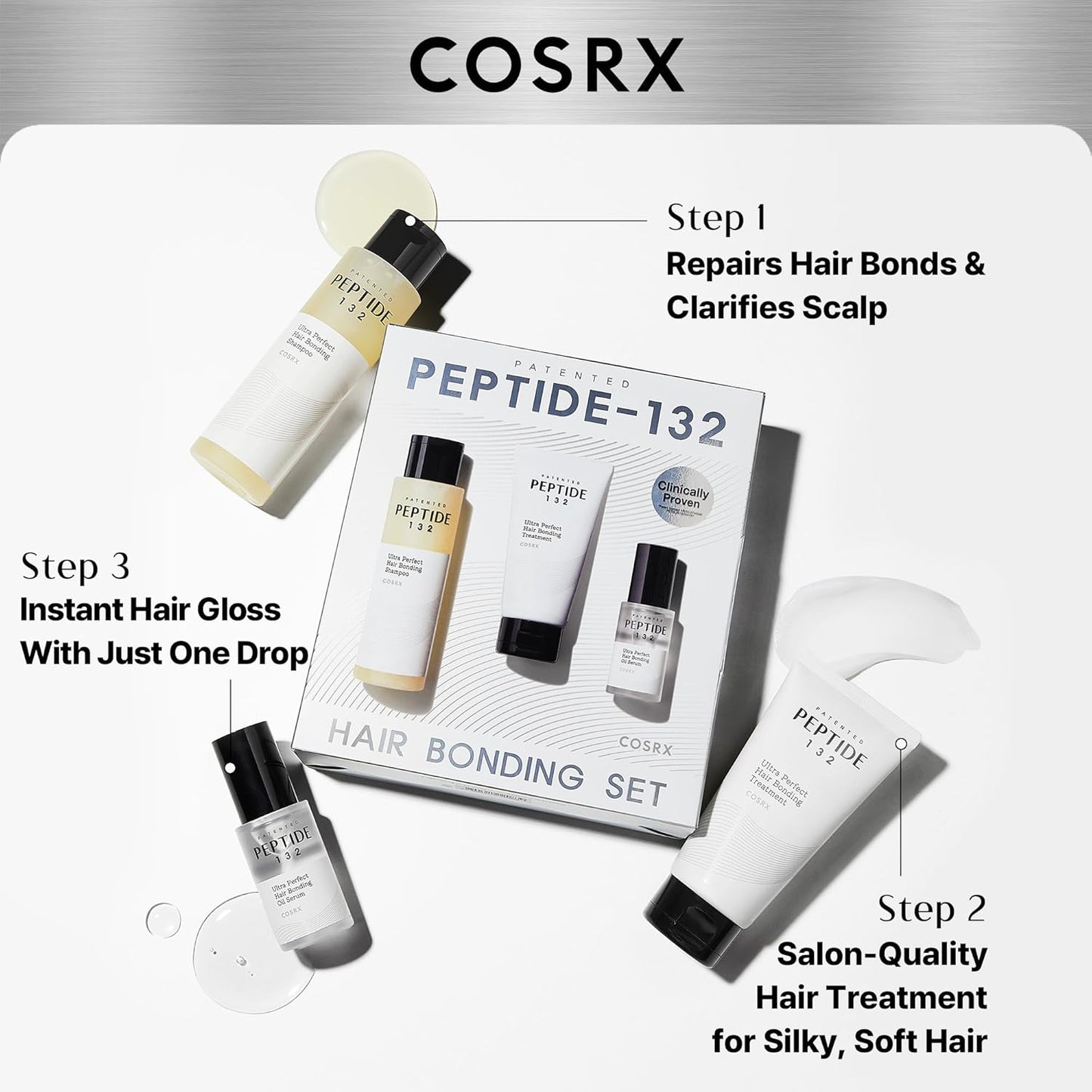 COSRX PEPTIDE 132 Hair Care Set - Bonding Shampoo, Treatment & Oil Serum, Bond Repair Treatment Hair Gift Set for Damaged, Dry Hair, Scalp Treatment for Dandruff, Dry & Itchy Scalp, Stocking Stuffers
