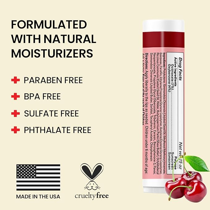 Original Udder Stick SPF Lip Balm, Soothing Moisturizer Sun Screen Balm for Dry Lips with Jojoba, Beeswax & Shea Butter, Total Lip Care, Hydration & Repair, Cherry Flavor, 4 Pack